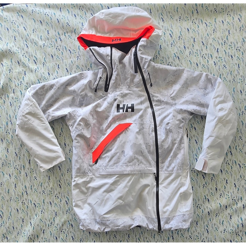 Helly Hansen ULLR Women White Grey Camo Ski Jacket NeonOrange Hood Small Relaxed
